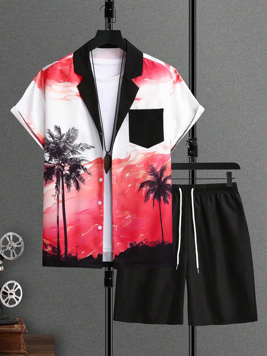 Genlund Men's Contrast Color Pocket Tropical Print Shirt Shorts Set Tropical Shirts For Men - Multicolor - View 1