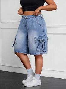 SHEIN EZwear 大码牛仔短裤，休闲时尚，适合日常穿着 - 淺色水洗藍 - 查看 5