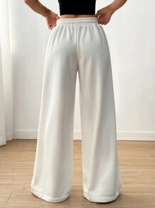 SHEIN EZwear 女士纯色抽绳腰阔腿休闲运动裤 - 白色 - 查看 2