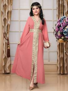 Sequin Patchwork Split Hem Dress With Long Sleeves For Teenage Girls - Pink - View 7