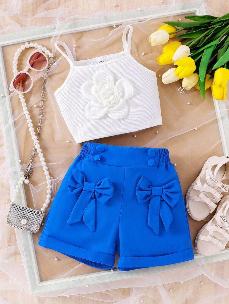 2pcs/Set Young Girls Floral Camisole Top And Lavender Bowknot Shorts, Comfortable Casual Summer Holiday Outfit - Blue - View 1