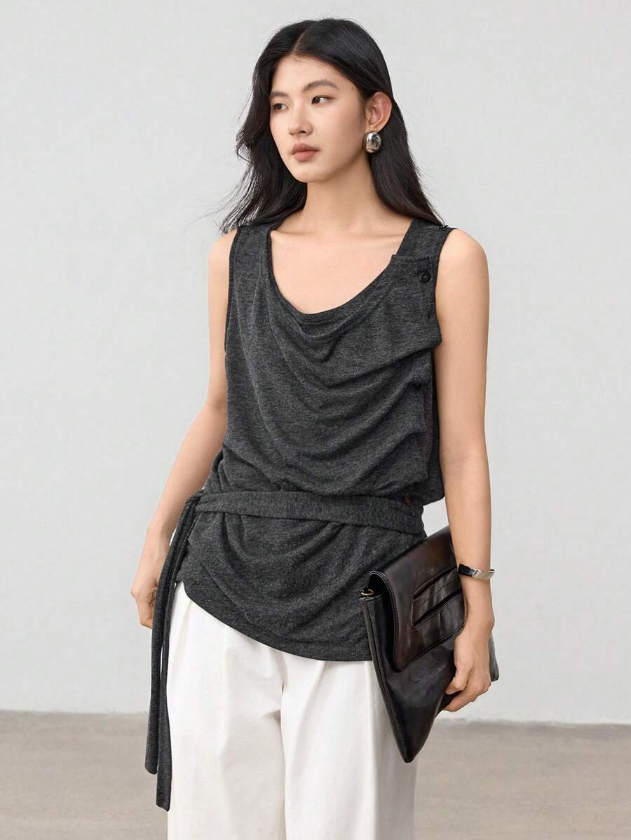 Dazy-Less Linen Design Sense Button Waist Tie Sleeveless Vest Women T-Shirt Old Money Style Business Casual Women - Dark Grey - View 1