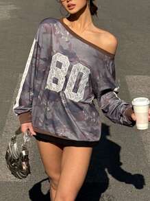 Pull femme épaules dénudées camouflage, pull casual sport blocs de couleurs, printemps et automne