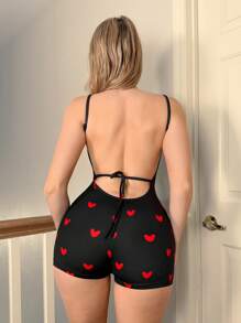 Sweetina 绑带心形印花红黑色性感心形情人节露背连体裤，简约时尚休闲，适合日常穿着 - 彩色 - 查看 3