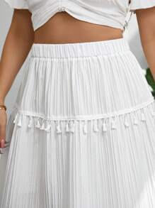 SHEIN Privé Plus Size White Maxi Skirt: Bohemian Tassel Trimmed Long Summer Skirt For Women - White - View 7