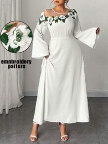 SHEIN Unity Plus Size Women Elegant Floral Embroidery Decor Off Shoulder Flare Sleeve A-Line Dress - Apricot - View 1