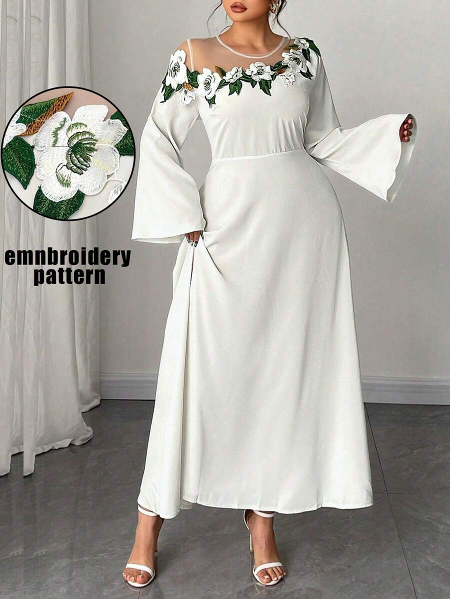 SHEIN Unity Plus Size Women Elegant Floral Embroidery Decor Off Shoulder Flare Sleeve A-Line Dress - Apricot - View 1