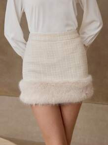 MOTF Soiréza WOOL TWEED CONTRAST FUZZY HEM SKIRT - Beige - View 6