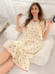 少女杏色底色搭配红樱桃印花舒适长袖睡袍家居服 - 杏色 - 查看 6