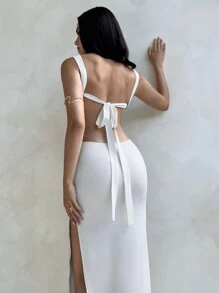Aloruh Women's Vacation Sexy Bowknot Backless High Slit Dress, With Metal Ring Decor, White