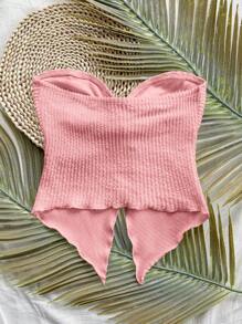 SHEIN PETITE 度假女士杏色针织纹理抹胸搭配扭曲不对称下摆背心 - 粉色 - 查看 9