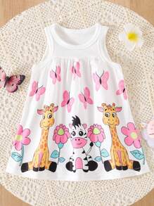 SHEIN Vestido sin mangas con diseño de vaca y jirafa lindos para niña, primavera/verano