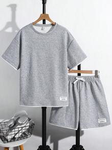 SHEIN Teen Boy Textured Fabric 2 In 1 T-Shirt And Shorts Set - Grey - View 7