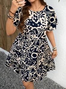 SHEIN LUNE Plus Size Casual All-Over Print Short Sleeve Dress Women Boho/Bohemian Dress  Summer Outfits For Women Vacation Outfits Woman Beach Outfits For Woman