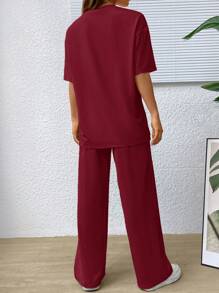 Muchica Giải trí Thoải mái Màu thuần Áo thun Và Quần Bộ - Màu Đỏ Sâu - Xem 2