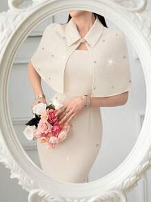 Modelyn 女士优雅水晶装饰披肩搭配吊带背心连衣裙 2 件套 - 杏色 - 查看 1