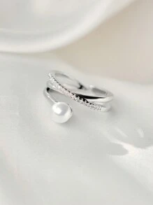 Faux Pearl & Cubic Zirconia Decor Cuff Ring Christmas Winter Christmas Gifts