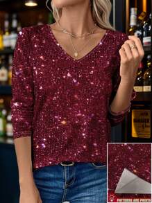 SHEIN LUNE Camiseta de manga larga con cuello en V para mujer con estampado digital de diamantes de cristal de ancho completo, estilo casual para primavera y otoño para atuendo de primavera