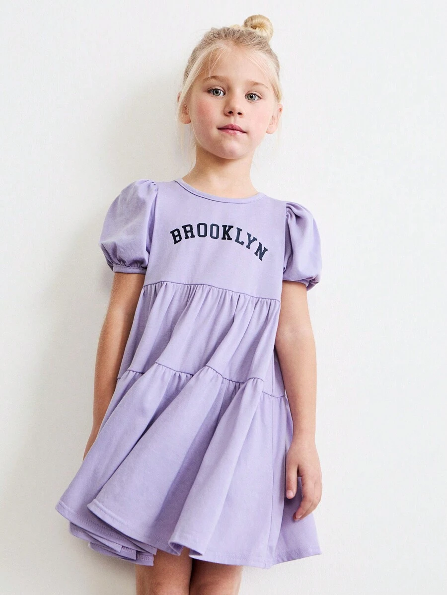 SHEIN Young Girls Letter Print Ruffled Hem Loose Fit Short Sleeve Purple Casual Dress, Spring - Purple - View 1