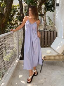 DAZY Women Minimalist Solid Color Ruffled Design Slip Dress Loungewear, Moo Moo Pajama - Purple - View 1