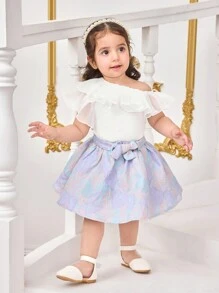 SHEIN Elegant Floral Pattern Ruffle Hem Skirt & Top Set, For Baby Girls Summer - Mauve Purple - View 6
