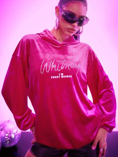 Whitney Houston X SHEIN Sudadera con capucha informal con gráfico de eslogan para mujer en otoño