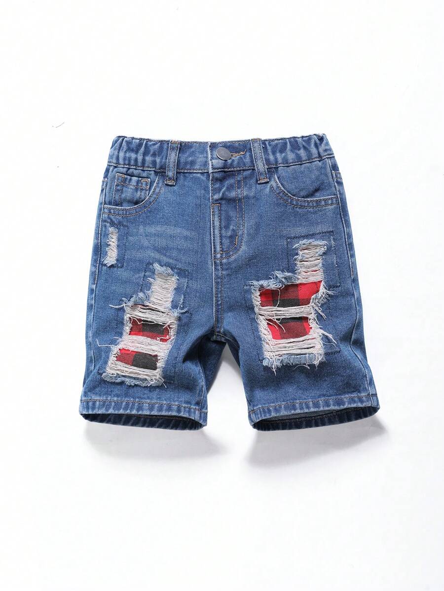 Young Boy Vintage Stylish Red & Black Plaid Patchwork Distressed Denim Casual Shorts, Fashionable - Dark Wash - View 1