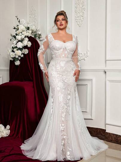 Glamrae Plus Size Elegant Luxurious Sexy V-Neck Backless Lace Mesh Panel Vintage French Long Tulle Wedding Dress With Train,Bride