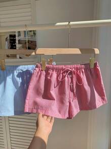 Comfortcana Pantaloni scurți casual de damă din in dungi cu șnur, ambalați - roșu - Vizualizare 4