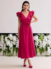 MOTF PREMIUM STEREO FLORAL RUFFLE TRIM DRESS