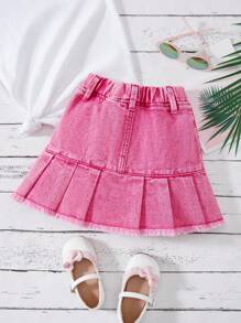 Baby Girl Hot Pink Summer Cute School Denim Skirt,Y2K Style Waist Elastic Ruffled Washed Mini Skirt,Elegant Casual Streetwear 2025 New Arrival Arrival - Pink - View 2