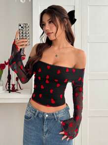 SHEIN EZwear 女士露肩长袖全身心形印花简约休闲上衣，适合日常穿着 - 黑色 - 查看 1