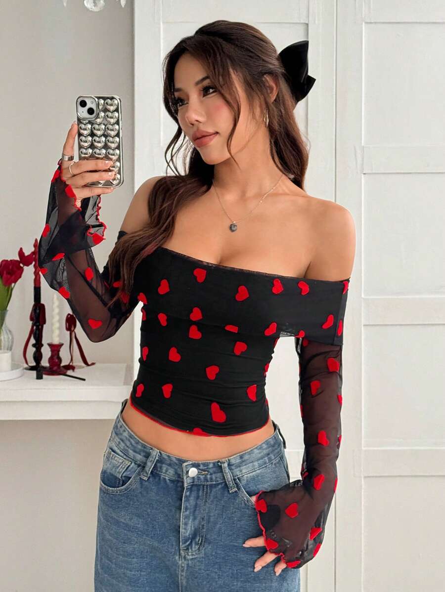 SHEIN EZwear 女士露肩长袖全身心形印花简约休闲上衣，适合日常穿着 - 黑色 - 查看 1