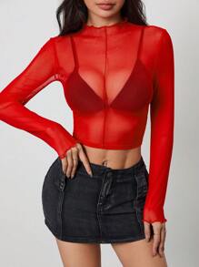 SHEIN PETITE Blusa blanca transparente con cuello de tortuga y recorte de lechuga