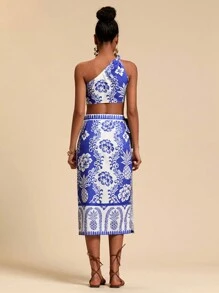 Travachic 2 件套服装：度假风格蓝白印花扭结肩上衣 + 裹身直筒裙 - 藍色 - 查看 2