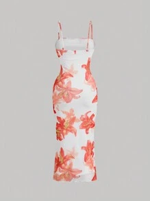 SHEIN MOD Vestido de tirantes de red con estampado floral naranja, conjunto de ropa de crucero para mujer, vestido de Año Nuevo, vestido elegante, vestido de graduación, vestidos naranjas para mujer, vestido para cita nocturna