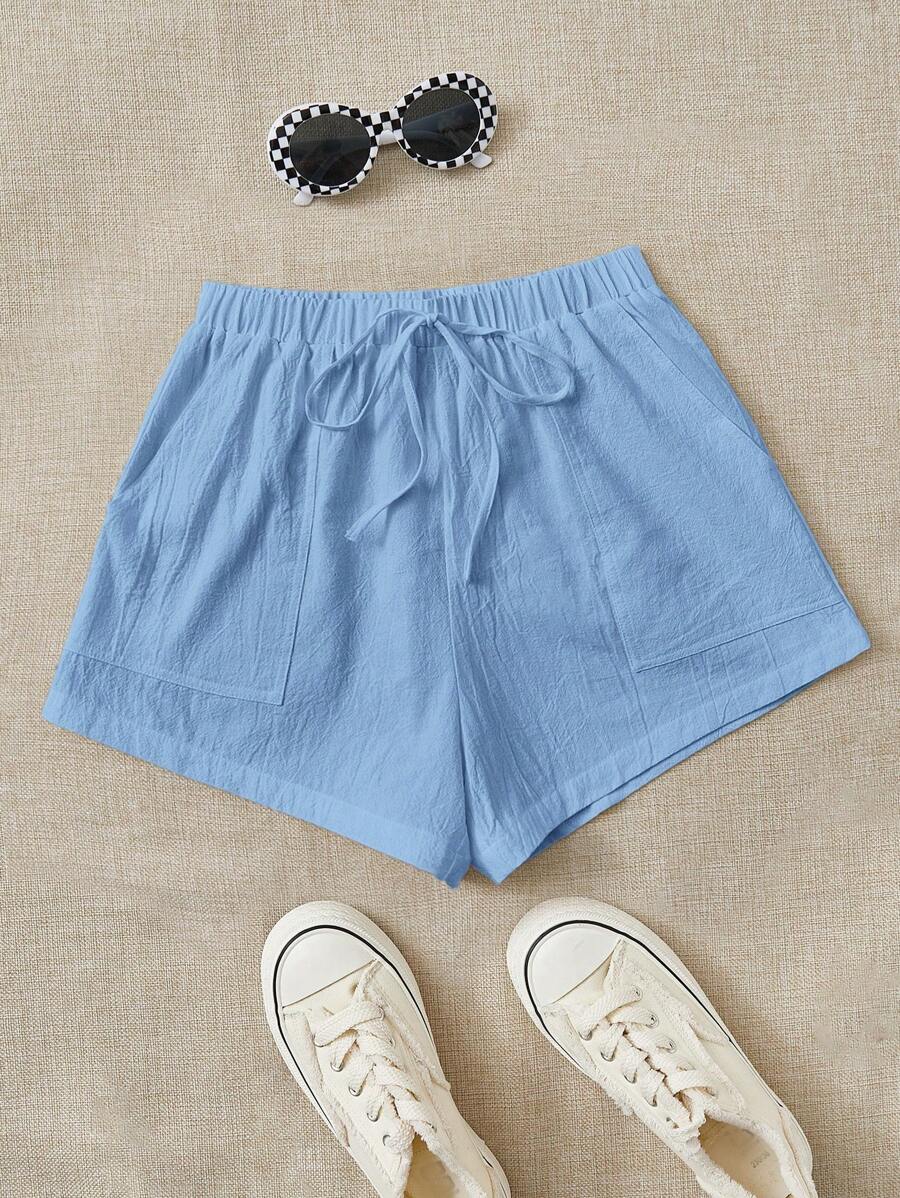 SHEIN EZwear Short en coton et lin blanc ample et décontracté avec ceinture à nouer et poches latérales - Bleu azur - Voir 1