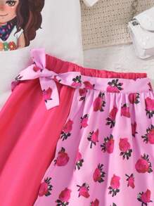 两件套少女休闲套装，玫瑰卡通甜美图案T恤+裹身裙 - 玫紅色 - 查看 5