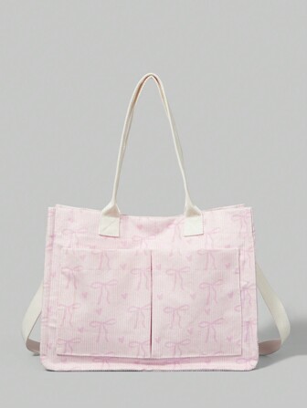 Kawaii Bolso de mujer de pana espacioso - Bolso multifuncional con estampado de lazo para llevar en bandolera/hombro