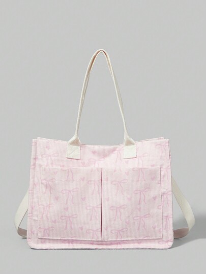 Kawaii Bolso de mujer de pana espacioso - Bolso multifuncional con estampado de lazo para llevar en bandolera/hombro