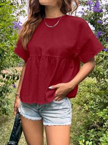 SHEIN EZwear 女士宽松蝙蝠翼短袖衬衫，酒红色 - 酒紅色 - 查看 6