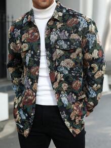 Manfinity Homme Plus Size Men's Floral Jacquard Pattern Single Breasted Long Sleeve Jacket