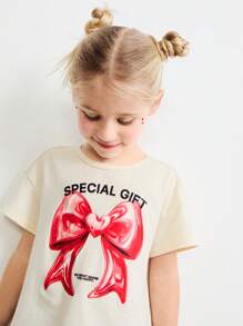 SHEIN Young Girls' Oversized Crew Neck Bow & Heart Print Pullover T-Shirt, Loose Fit, For Valentine's Day, Spring - Beige - View 6
