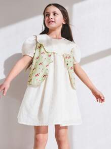 SHEIN Young Girls' Yellow Plaid Floral Print Cotton V-Neck Sleeveless Jacket, Suitable For Spring And Winter