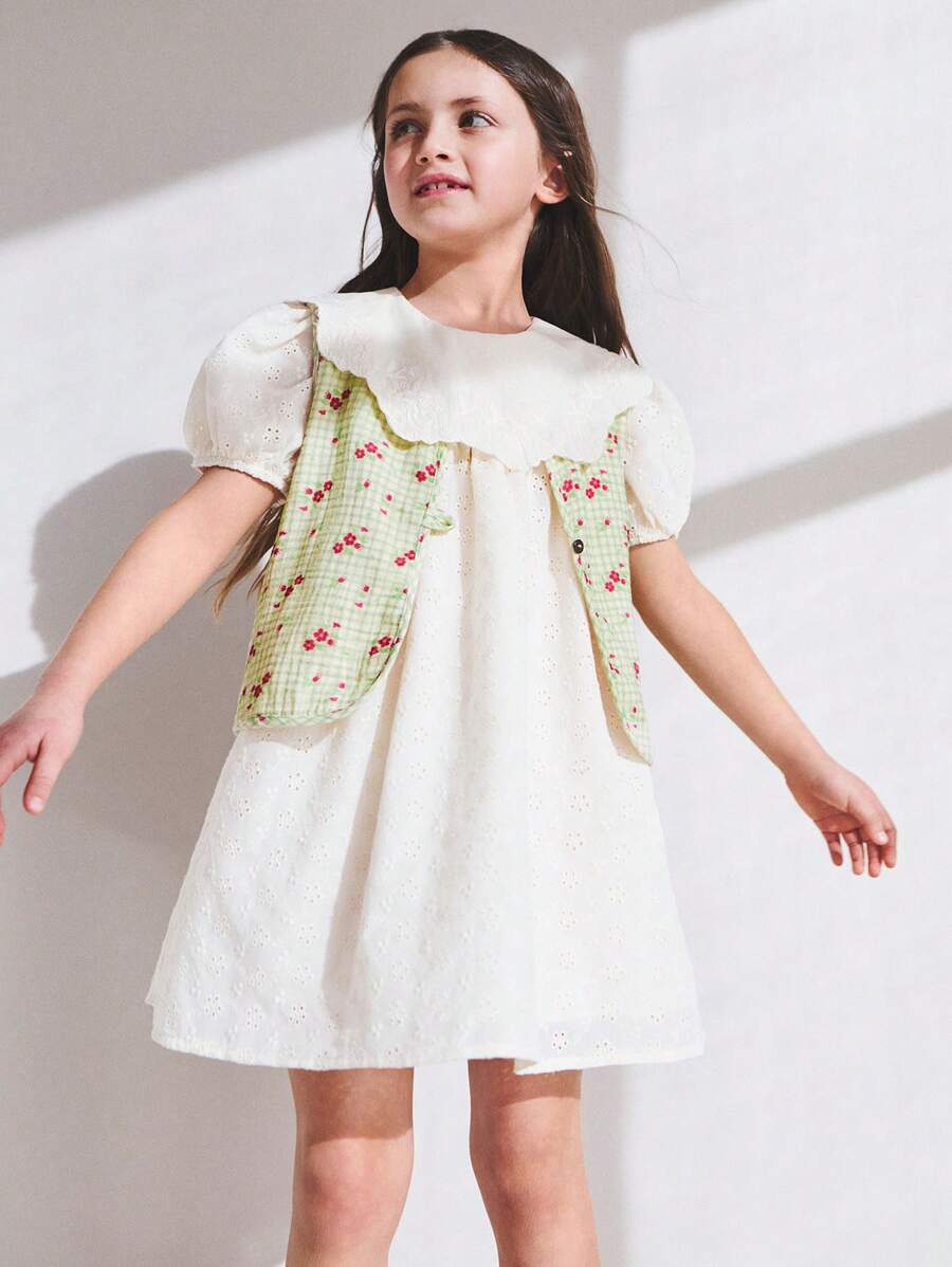 SHEIN Young Girls' Yellow Plaid Floral Print Cotton V-Neck Sleeveless Jacket, Suitable For Spring And Winter