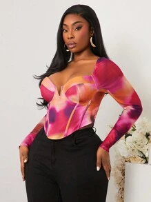 SHEIN SXY Top a bustier in rete con stampa astratta tie-dye, taglia grande, novità primavera/estate 2025, adatto per vacanza al mare, San Valentino, appuntamenti, compleanni, addio al nubilato, casual, shopping, uscite, facile da abbinare, snellente, valorizza la figura