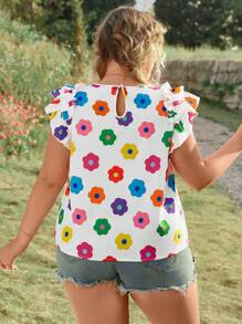 SHEIN VCAY Plus Size Floral Print Round Neck Cap Sleeve Blouse, Multi-Color Summer Beach For Woman Graduation Brunch For Women St Patrick Spring Break Rave Festival Elegant Vacation Woman Casual Western Cute Boho Floral Beach Spring Brunch For Women Old Money Tropical Vacation Woman Cute Tops Women Summer Cute Summer Tops Women Summer Women Tops