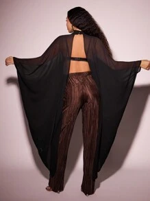 Vixey Sheer Chiffon Draped Sleeve Open Back Cape Top, Boho, Poncho, Cute Summer Tops - Black - View 3