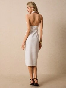 Poéselle 女士单排扣优雅修身露背中长连衣裙、办公室女性服装、春季女装、亚麻面料、白色夏装、女士度假装、长款夏装、白色优雅连衣裙 - 白色 - 查看 5