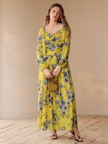 MOTF PREMIUM 花卉印花褶饰连衣裙 - 黃色 - 查看 10